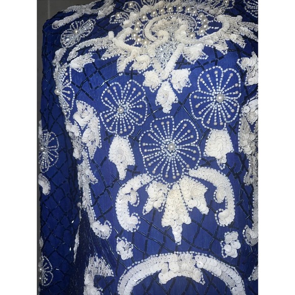 vtg Eves Allure Dress Blue Silk Sequins Beaded 90s Formal small gorgeous - Picture 3 of 10